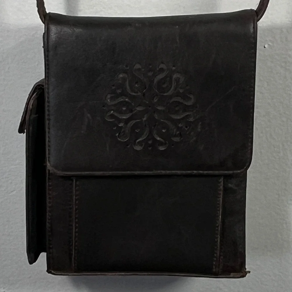 Dark Brown Leather Crossbody Bag Embossed Medallion Small Travel Messenger Purse